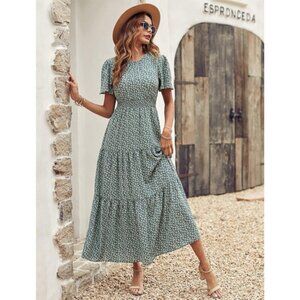 Women's Floral Print Long Dress Summer Short Sleeve Designer Style Boho Dress M